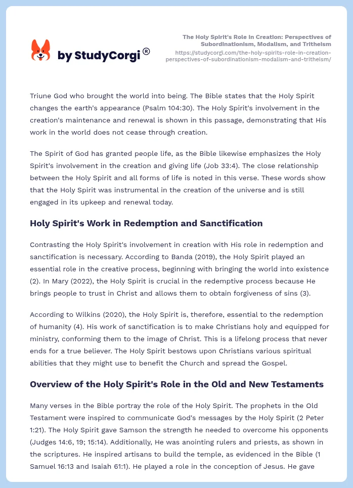 The Holy Spirit's Role in Creation: Perspectives of Subordinationism, Modalism, and Tritheism. Page 2