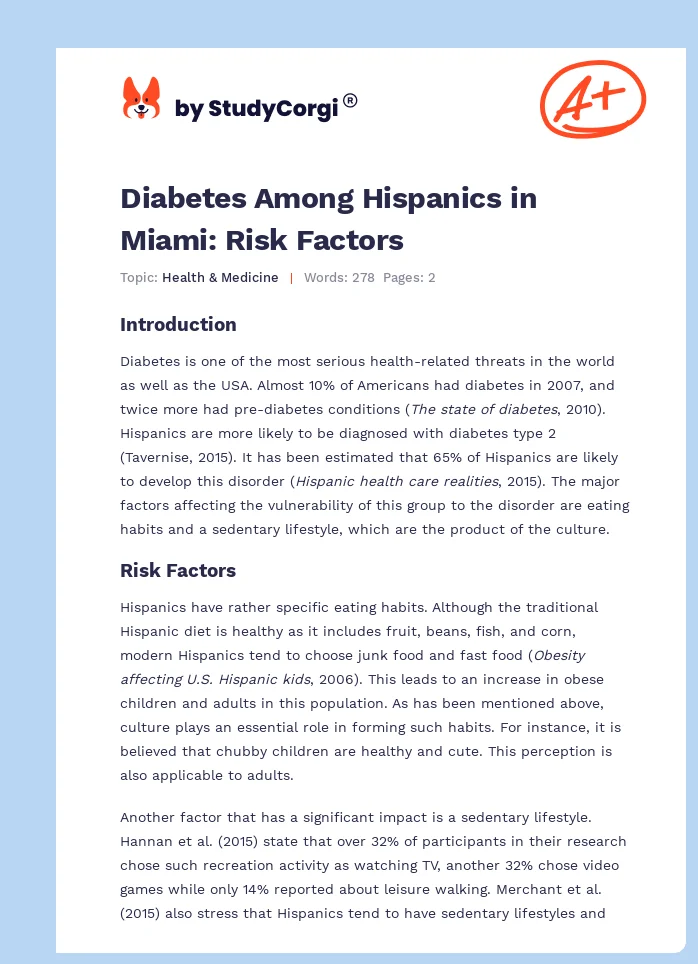 Diabetes Among Hispanics in Miami: Risk Factors. Page 1