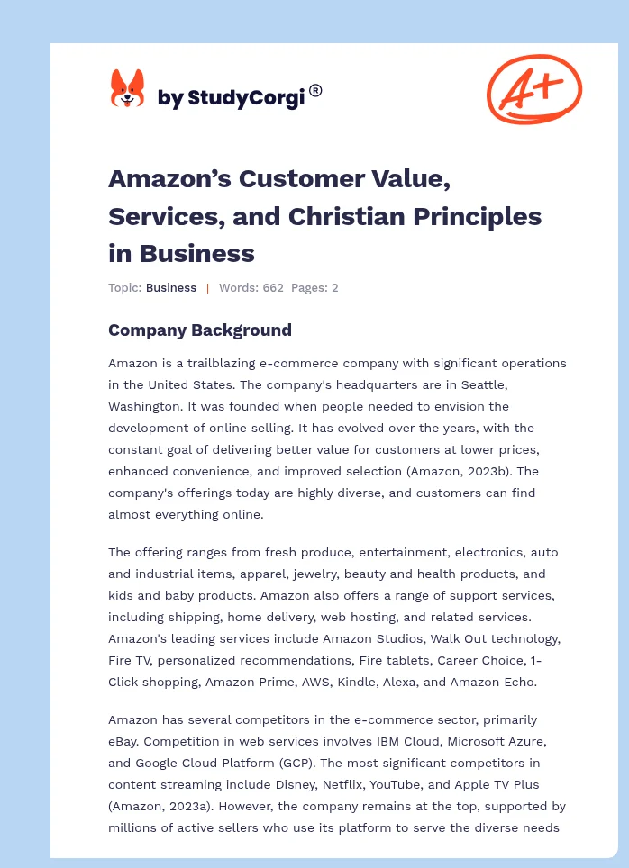 Amazon’s Customer Value, Services, and Christian Principles in Business. Page 1