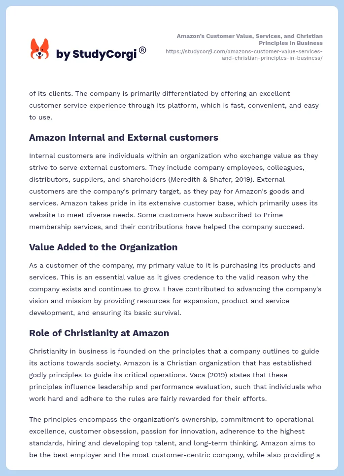Amazon’s Customer Value, Services, and Christian Principles in Business. Page 2