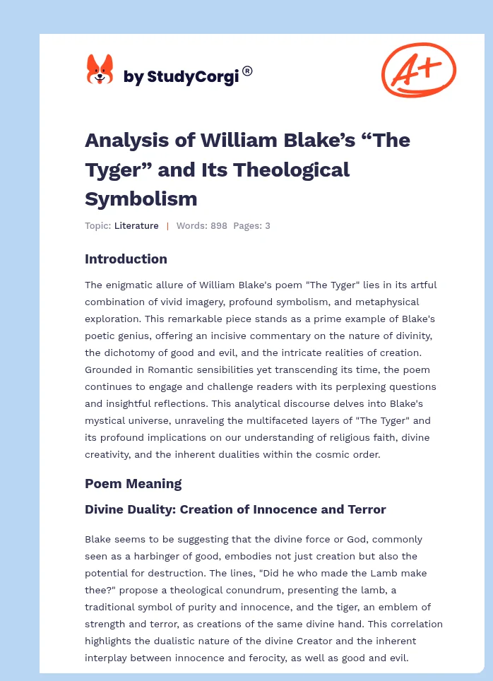 Analysis of William Blake’s “The Tyger” and Its Theological Symbolism. Page 1