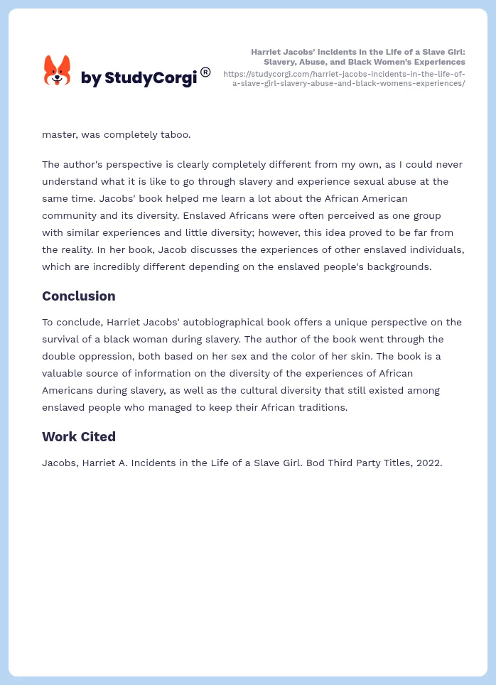 Harriet Jacobs’ Incidents in the Life of a Slave Girl: Slavery, Abuse, and Black Women’s Experiences. Page 2