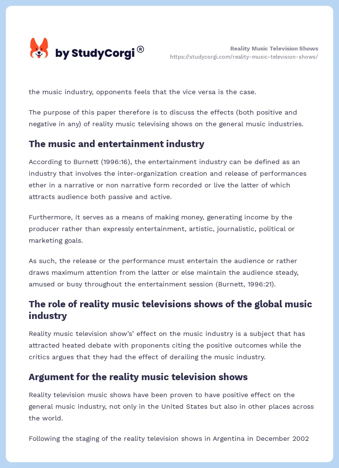 Reality Music Television Shows | Free Essay Example