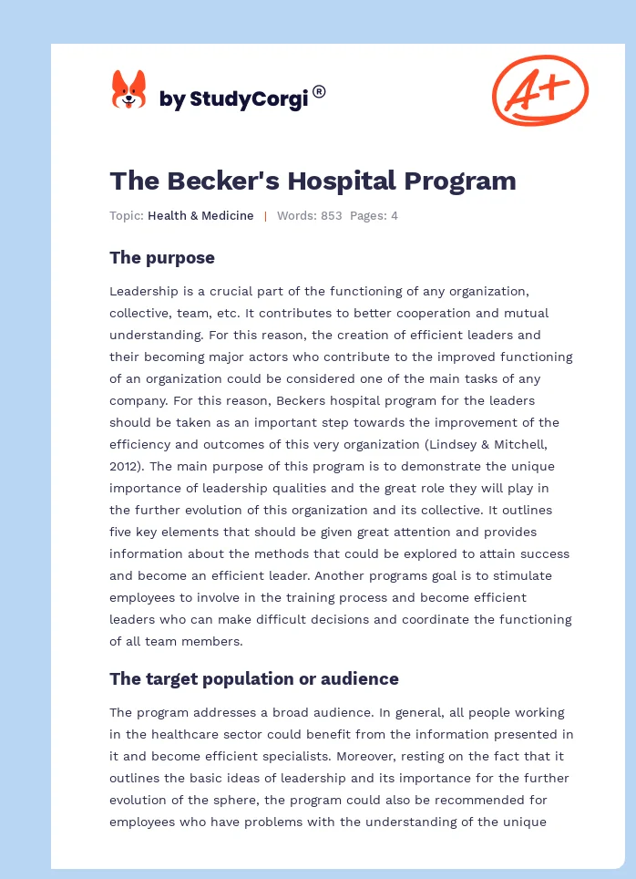 The Becker's Hospital Program. Page 1