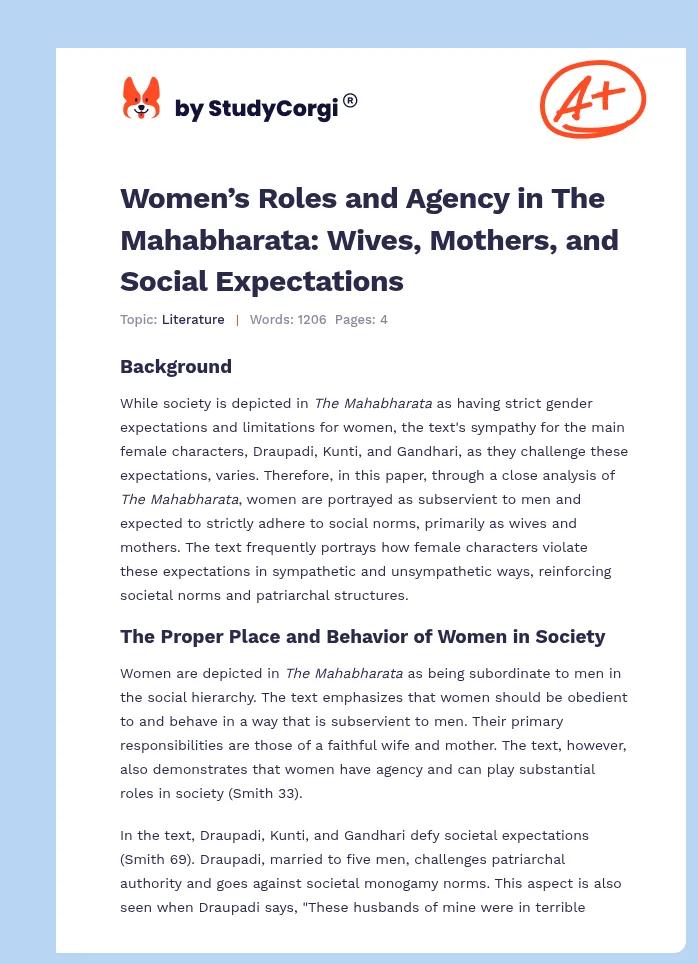 Women’s Roles and Agency in The Mahabharata: Wives, Mothers, and Social Expectations. Page 1