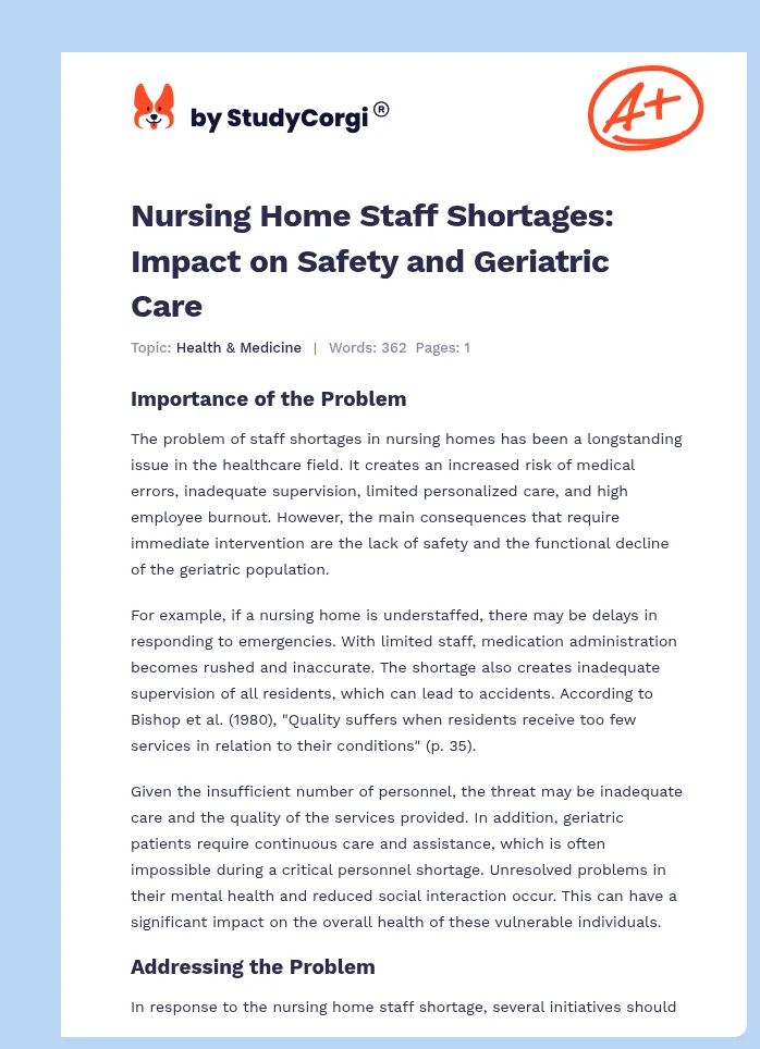 Nursing Home Staff Shortages: Impact on Safety and Geriatric Care. Page 1