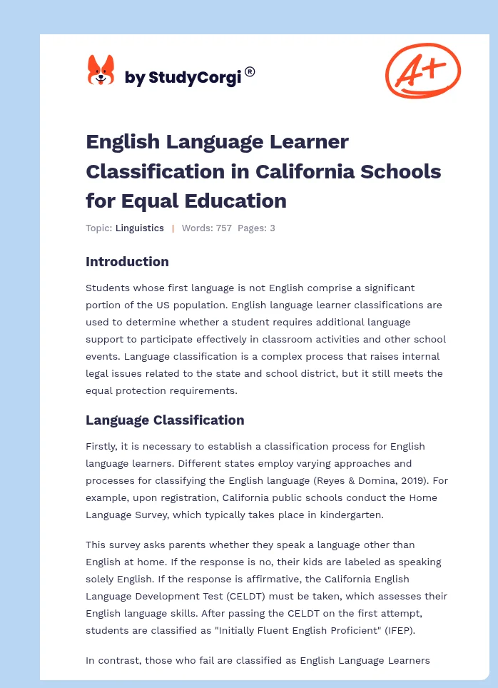 English Language Learner Classification in California Schools for Equal Education. Page 1