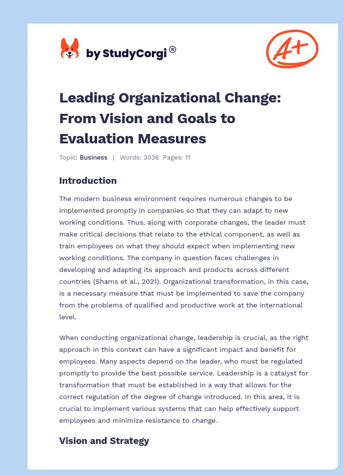 Leading Organizational Change: From Vision and Goals to Evaluation Measures. Page 1
