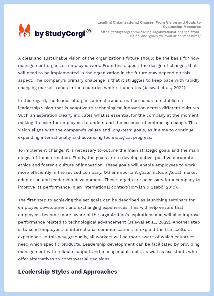 Leading Organizational Change: From Vision and Goals to Evaluation Measures. Page 2