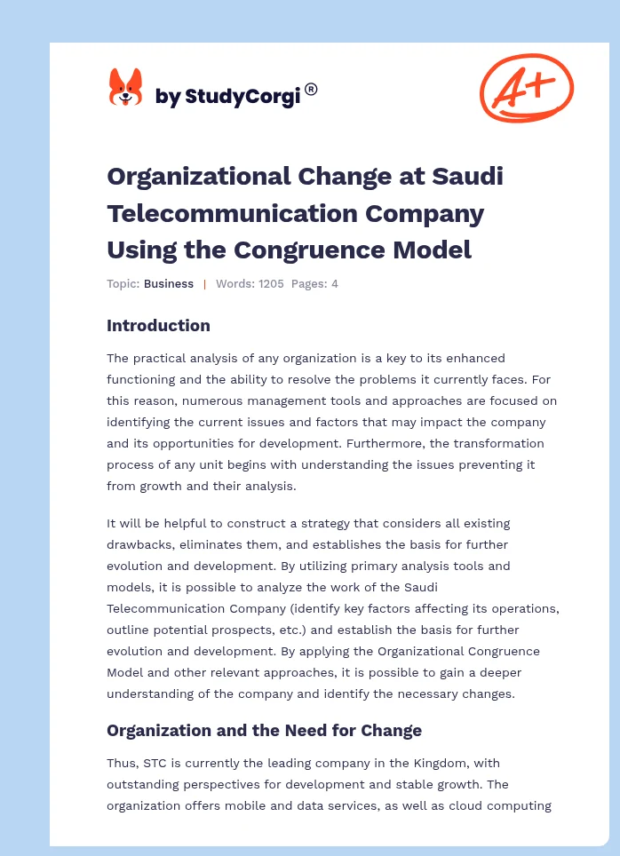 Organizational Change at Saudi Telecommunication Company Using the Congruence Model. Page 1