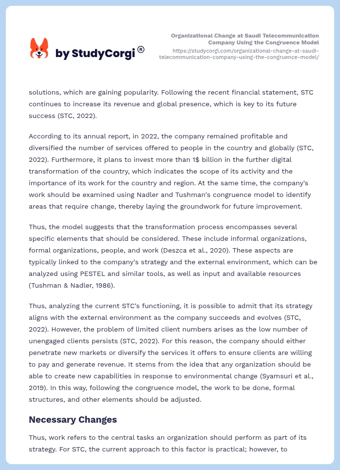 Organizational Change at Saudi Telecommunication Company Using the Congruence Model. Page 2