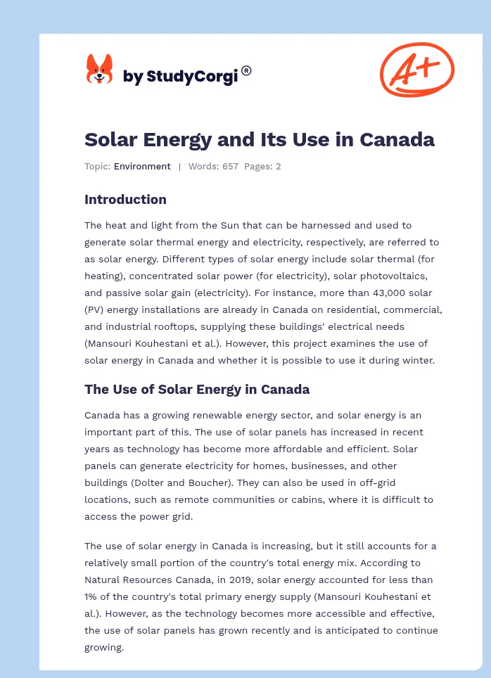 Solar Energy and Its Use in Canada. Page 1