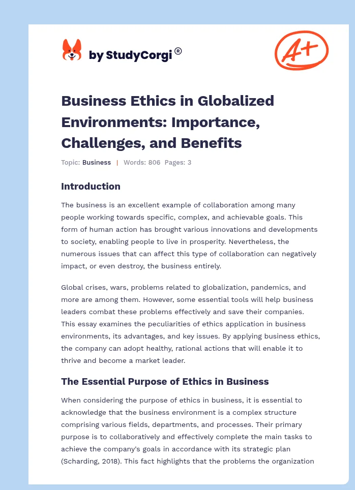 Business Ethics in Globalized Environments: Importance, Challenges, and Benefits. Page 1