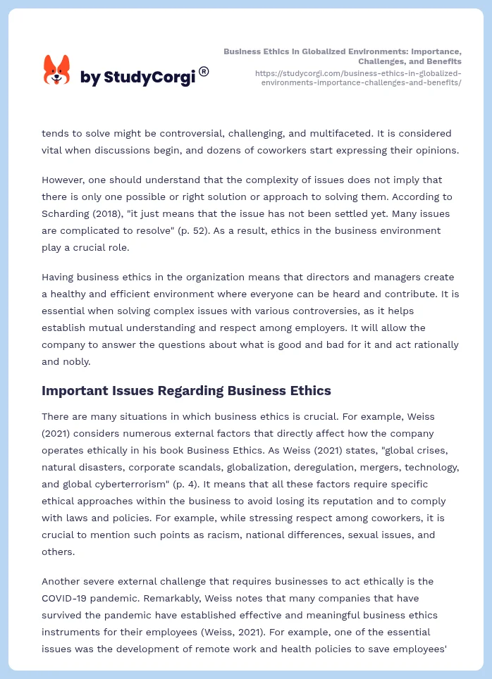 Business Ethics in Globalized Environments: Importance, Challenges, and Benefits. Page 2