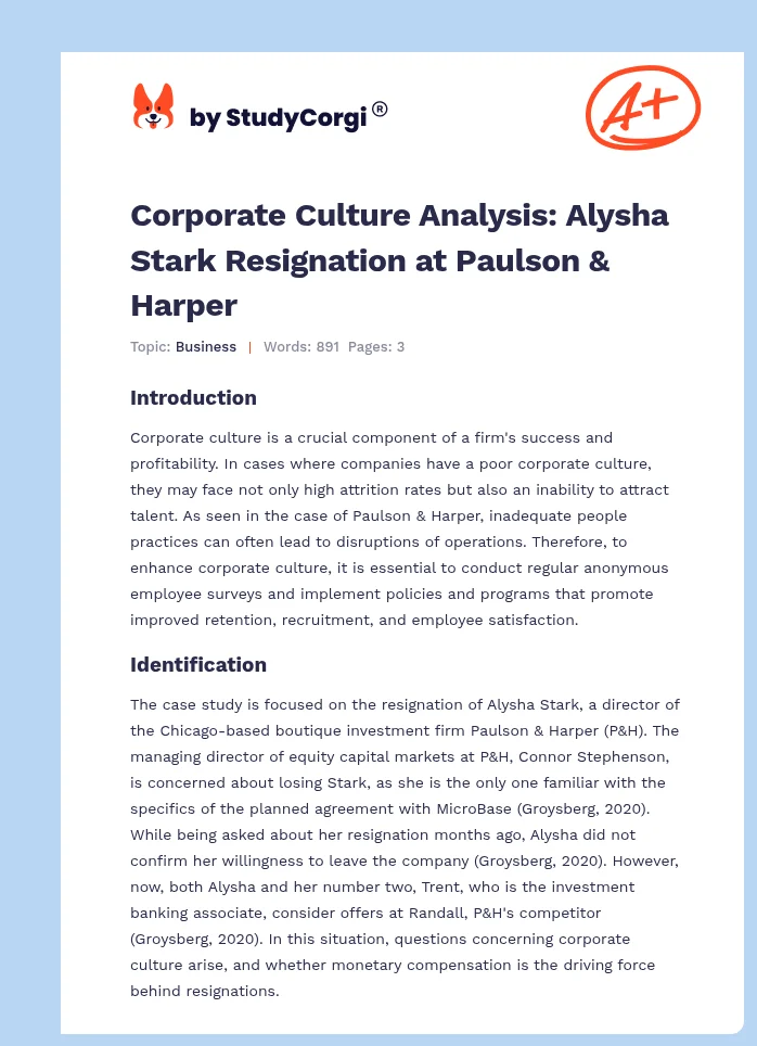 Corporate Culture Analysis: Alysha Stark Resignation at Paulson & Harper. Page 1