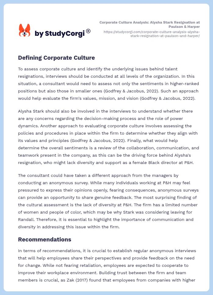 Corporate Culture Analysis: Alysha Stark Resignation at Paulson & Harper. Page 2