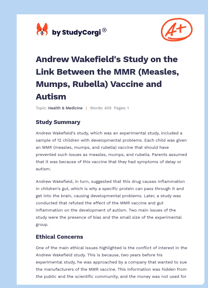 Andrew Wakefield's Study on the Link Between the MMR (Measles, Mumps, Rubella) Vaccine and Autism. Page 1