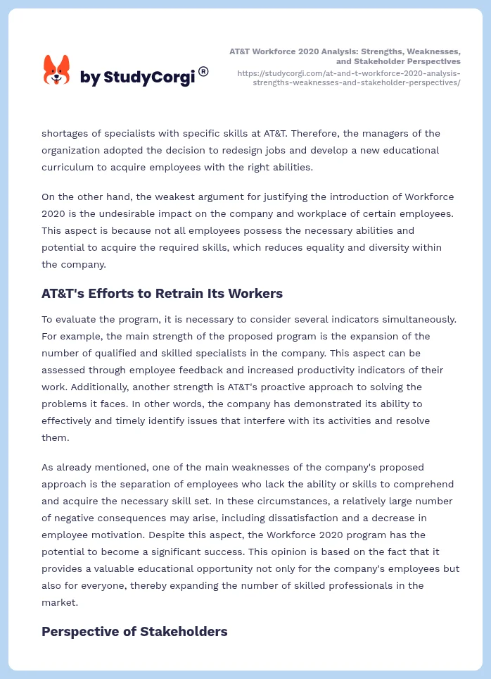 AT&T Workforce 2020 Analysis: Strengths, Weaknesses, and Stakeholder Perspectives. Page 2