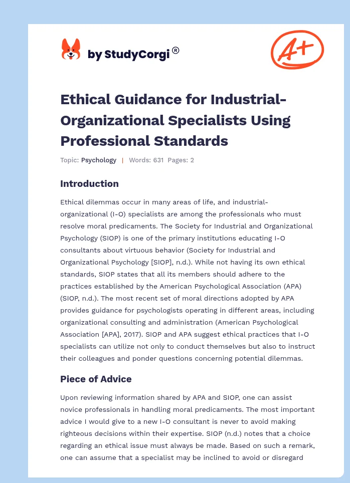Ethical Guidance for Industrial-Organizational Specialists Using Professional Standards. Page 1