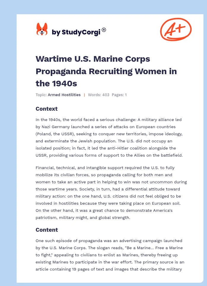 Wartime U.S. Marine Corps Propaganda Recruiting Women in the 1940s. Page 1