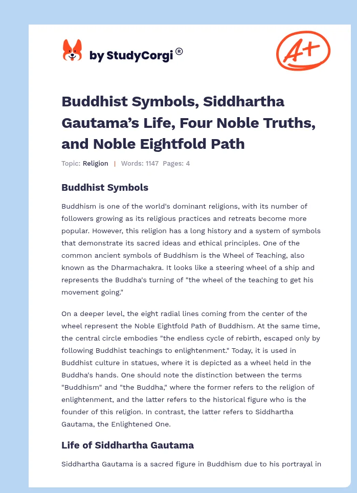 Buddhist Symbols, Siddhartha Gautama’s Life, Four Noble Truths, and Noble Eightfold Path. Page 1
