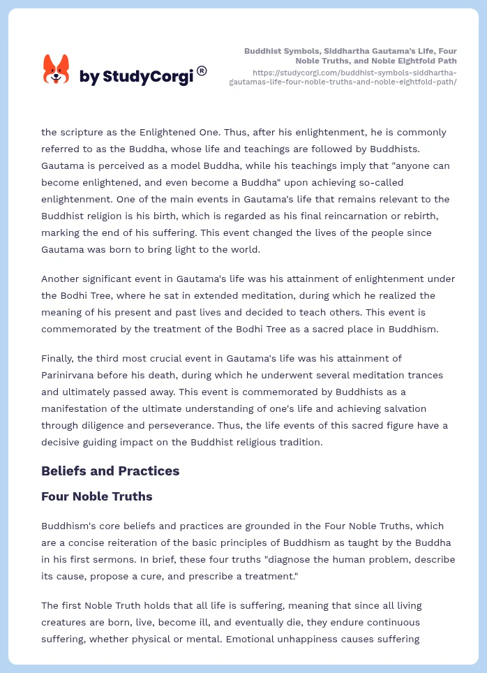 Buddhist Symbols, Siddhartha Gautama’s Life, Four Noble Truths, and Noble Eightfold Path. Page 2