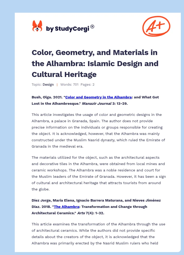 Color, Geometry, and Materials in the Alhambra: Islamic Design and Cultural Heritage. Page 1