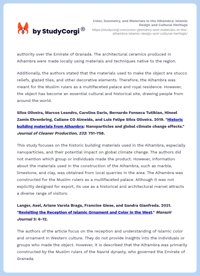 Color, Geometry, and Materials in the Alhambra: Islamic Design and Cultural Heritage. Page 2