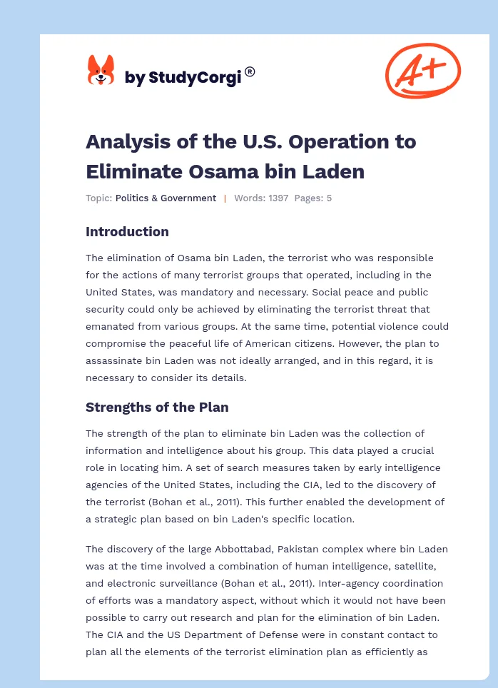 Analysis of the U.S. Operation to Eliminate Osama bin Laden. Page 1