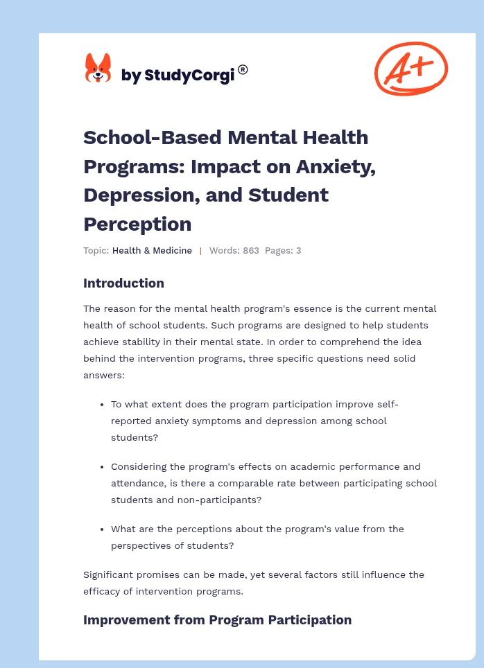School-Based Mental Health Programs: Impact on Anxiety, Depression, and Student Perception. Page 1
