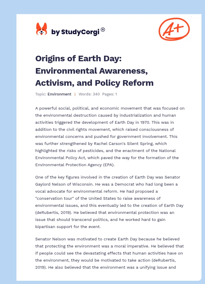 Origins of Earth Day: Environmental Awareness, Activism, and Policy Reform. Page 1