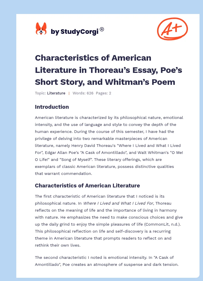 Characteristics of American Literature in Thoreau’s Essay, Poe’s Short Story, and Whitman’s Poem. Page 1