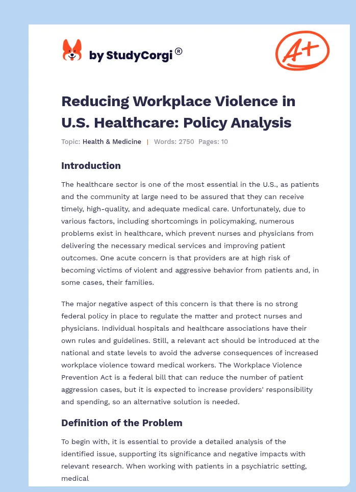 Reducing Workplace Violence in U.S. Healthcare: Policy Analysis. Page 1