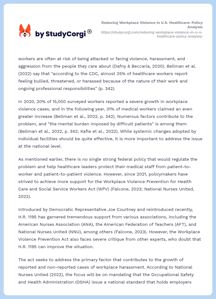Reducing Workplace Violence in U.S. Healthcare: Policy Analysis. Page 2