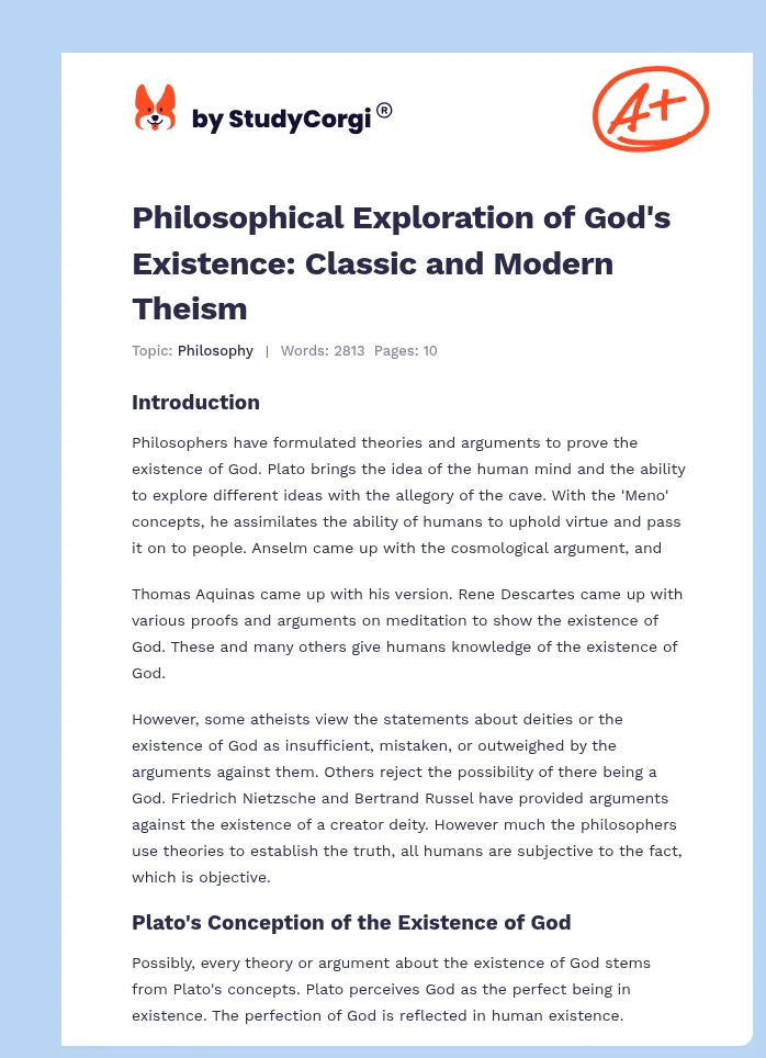 Philosophical Exploration of God's Existence: Classic and Modern Theism. Page 1
