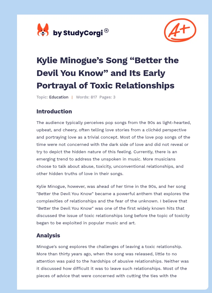 Kylie Minogue’s Song “Better the Devil You Know” and Its Early Portrayal of Toxic Relationships. Page 1