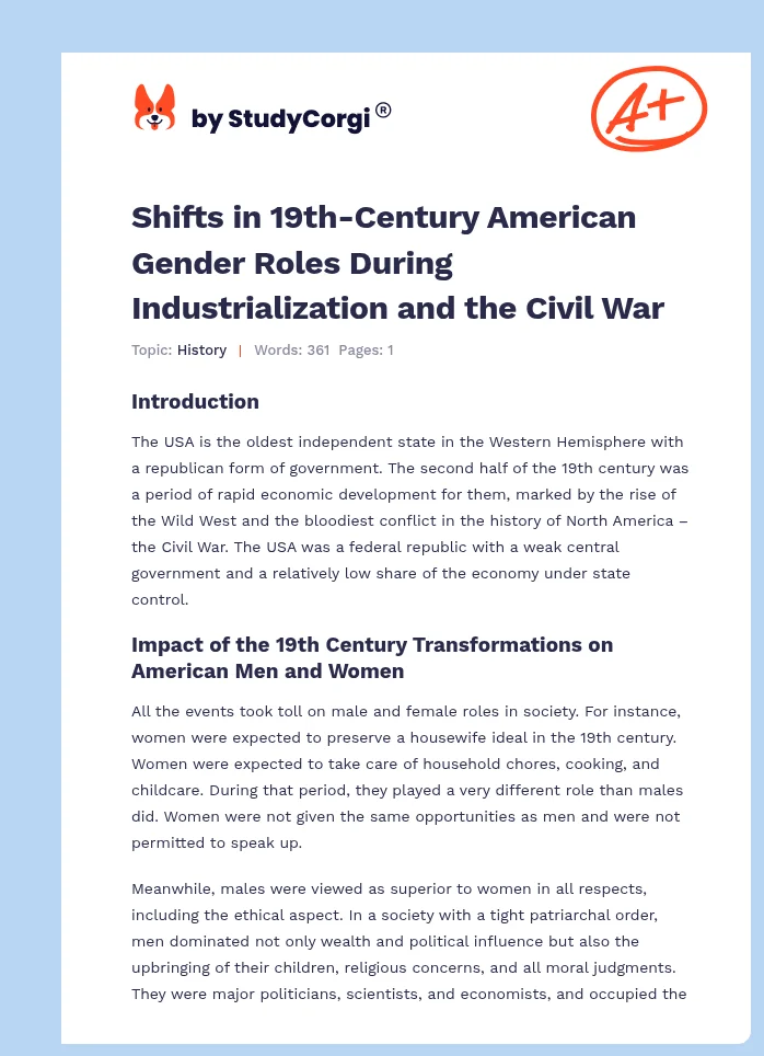 Shifts in 19th-Century American Gender Roles During Industrialization and the Civil War. Page 1