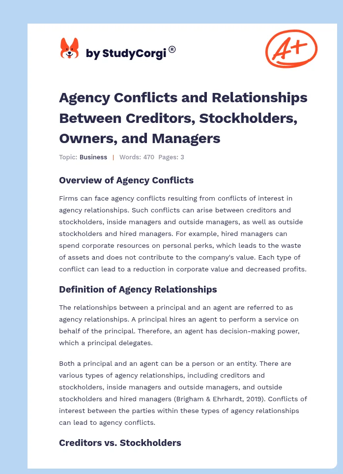 Agency Conflicts and Relationships Between Creditors, Stockholders, Owners, and Managers. Page 1