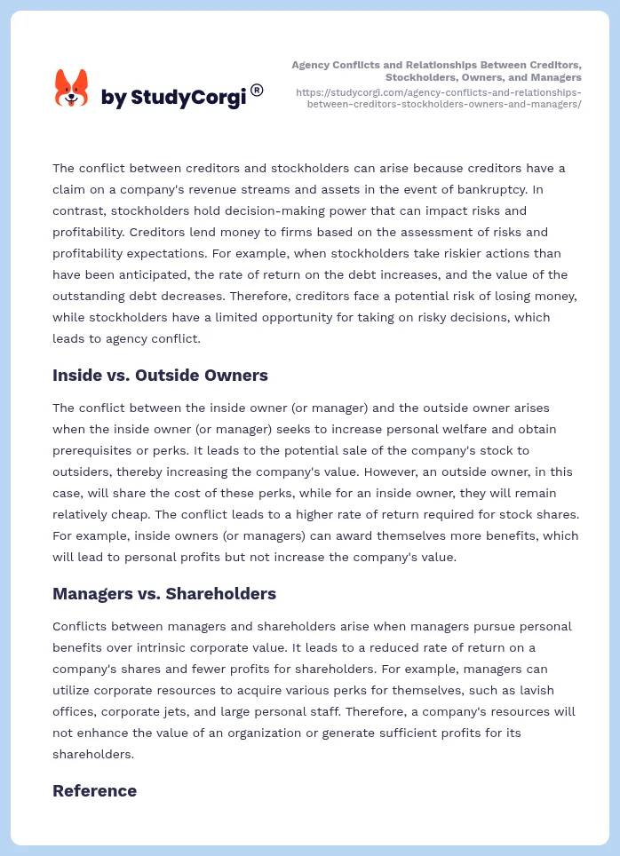 Agency Conflicts and Relationships Between Creditors, Stockholders, Owners, and Managers. Page 2