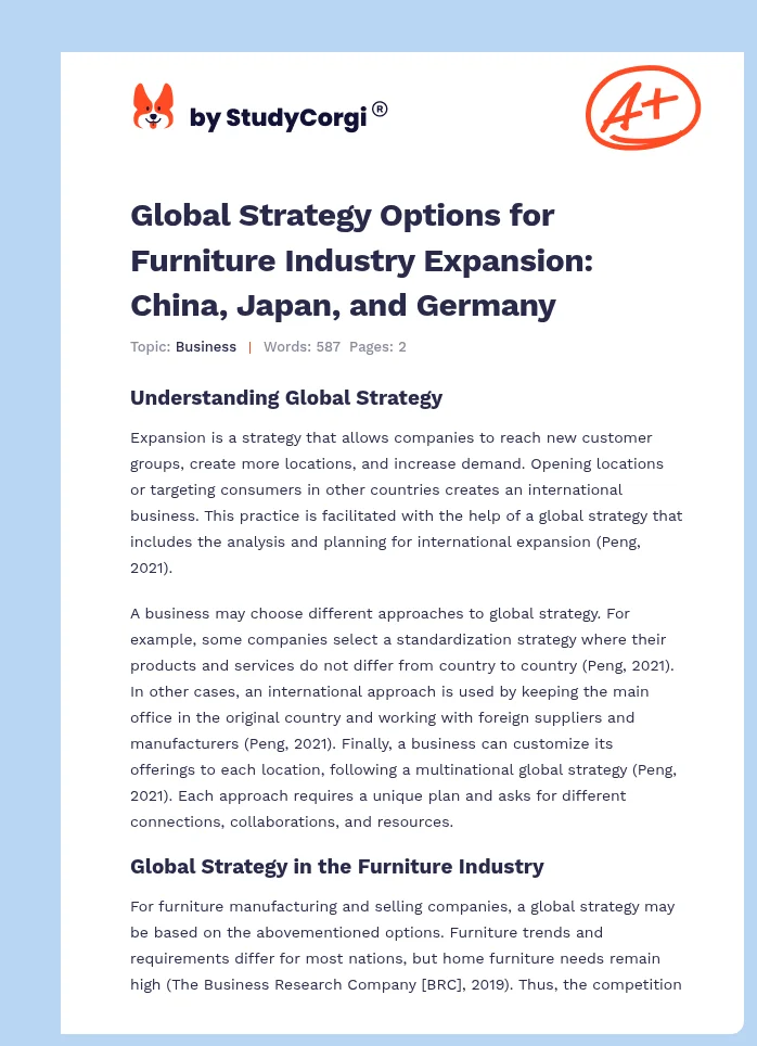 Global Strategy Options for Furniture Industry Expansion: China, Japan, and Germany. Page 1