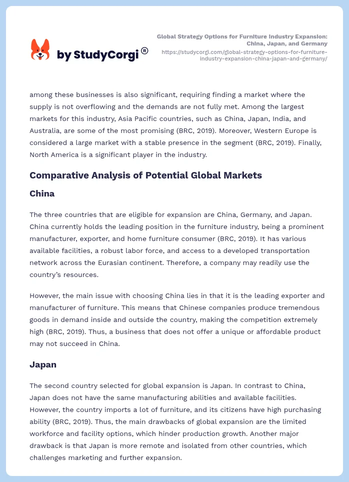 Global Strategy Options for Furniture Industry Expansion: China, Japan, and Germany. Page 2