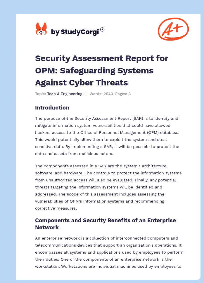 Security Assessment Report for OPM: Safeguarding Systems Against Cyber Threats. Page 1