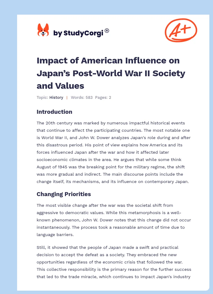 Impact of American Influence on Japan’s Post-World War II Society and Values. Page 1