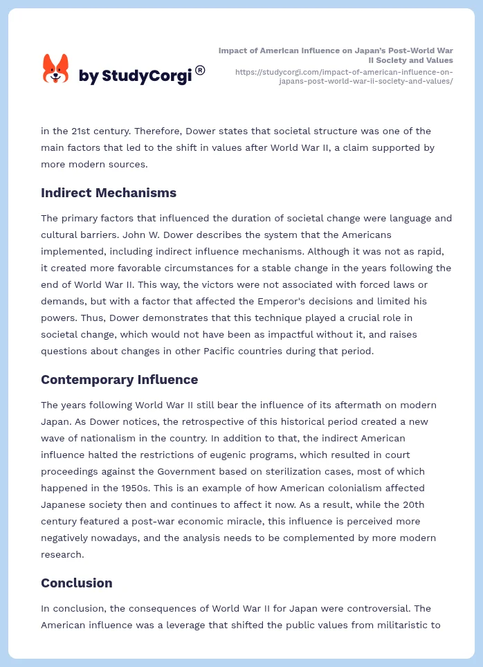 Impact of American Influence on Japan’s Post-World War II Society and Values. Page 2