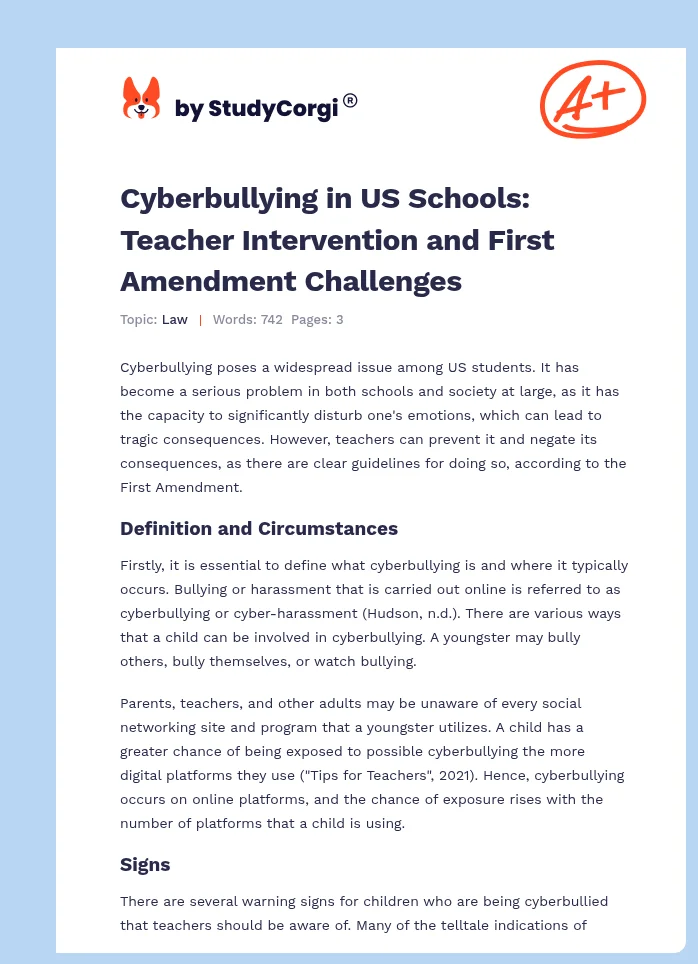 Cyberbullying in US Schools: Teacher Intervention and First Amendment Challenges. Page 1