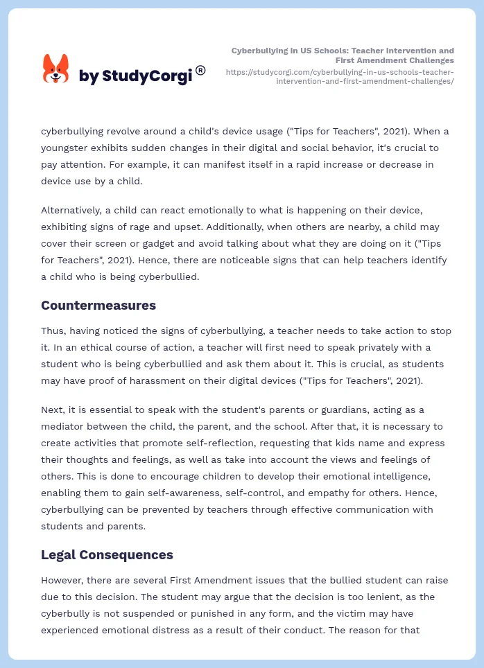 Cyberbullying in US Schools: Teacher Intervention and First Amendment Challenges. Page 2