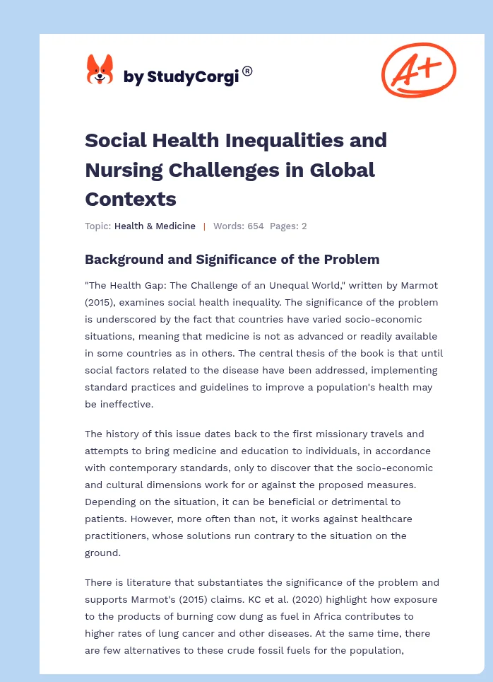 Social Health Inequalities and Nursing Challenges in Global Contexts. Page 1