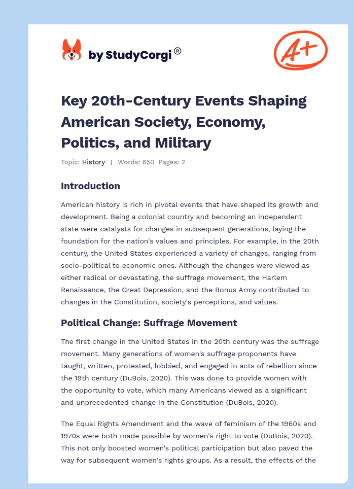 Key 20th-Century Events Shaping American Society, Economy, Politics, and Military. Page 1