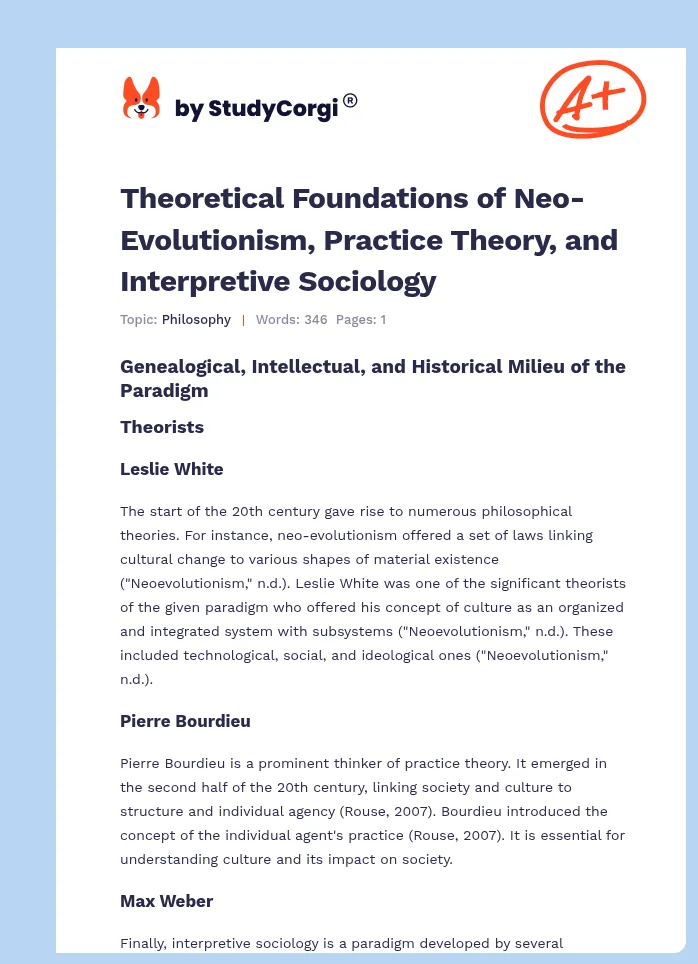 Theoretical Foundations of Neo-Evolutionism, Practice Theory, and Interpretive Sociology. Page 1