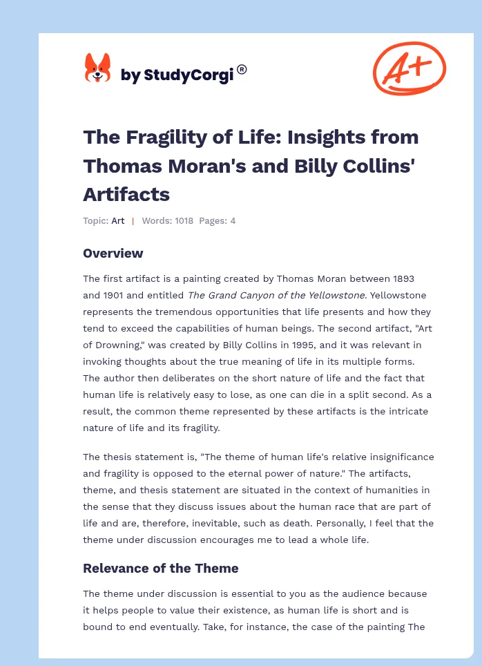 The Fragility of Life: Insights from Thomas Moran's and Billy Collins' Artifacts. Page 1